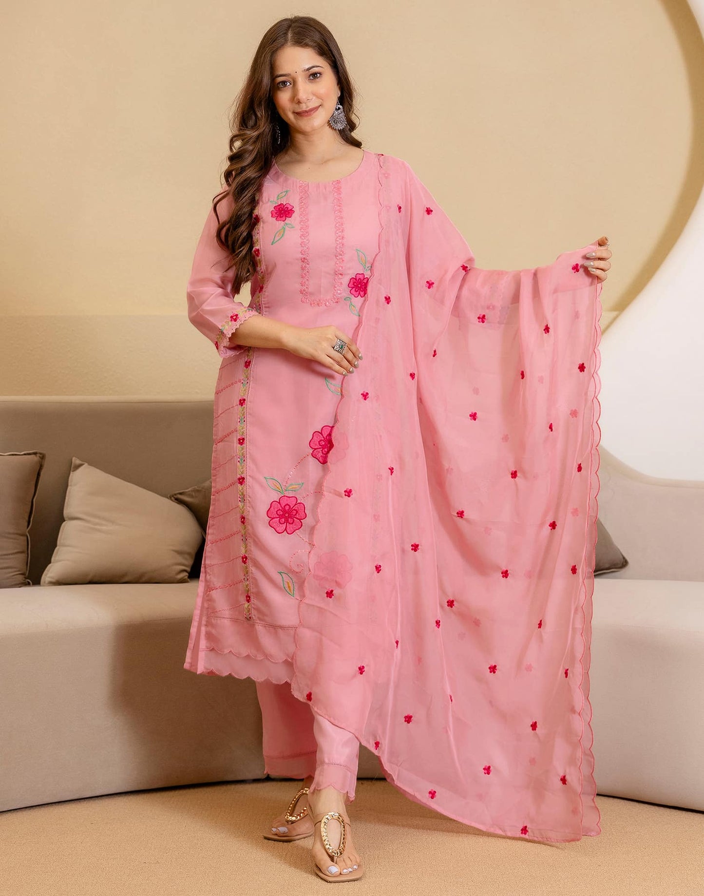 Silk Embroidered Straight Kurta with Pant & Dupatta