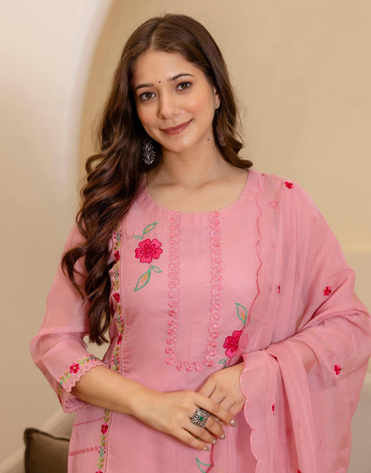 Silk Embroidered Straight Kurta with Pant & Dupatta