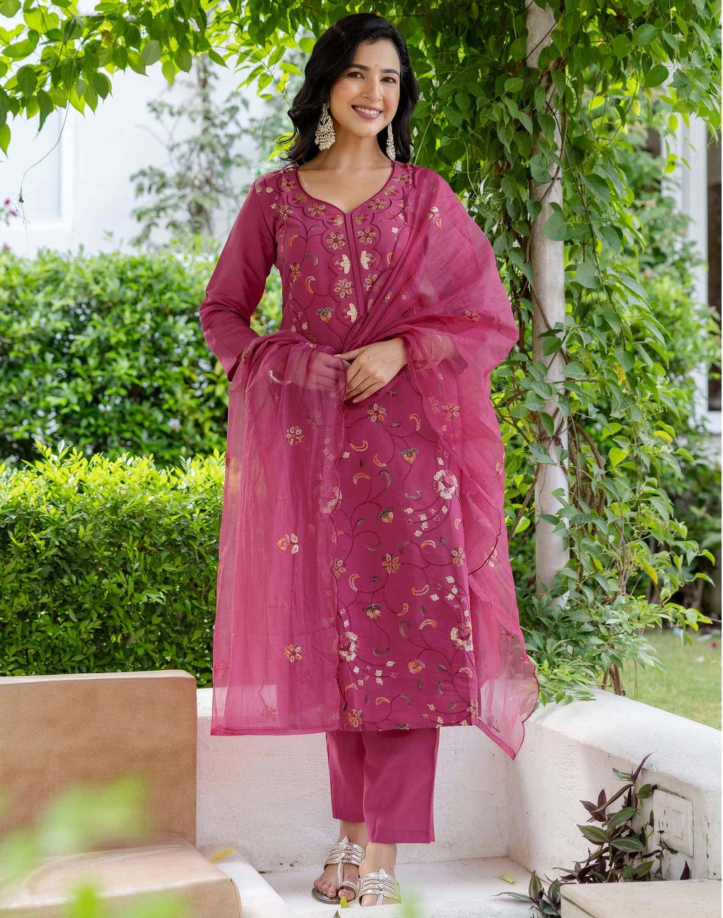 Silk Embroidered Straight Kurta with Pant & Dupatta