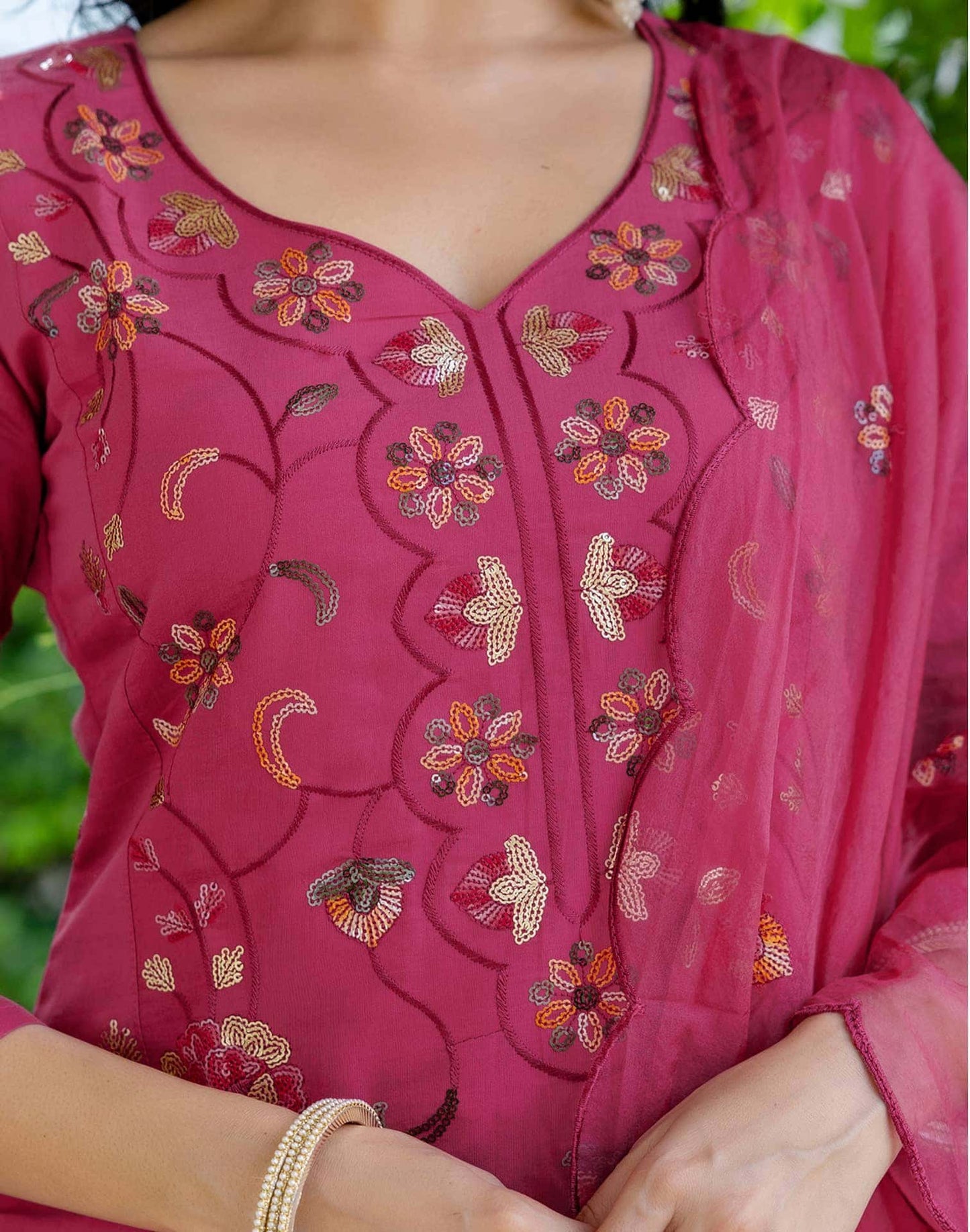 Silk Embroidered Straight Kurta with Pant & Dupatta