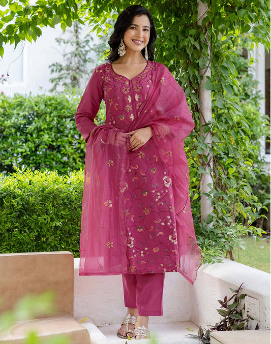 Silk Embroidered Straight Kurta with Pant & Dupatta