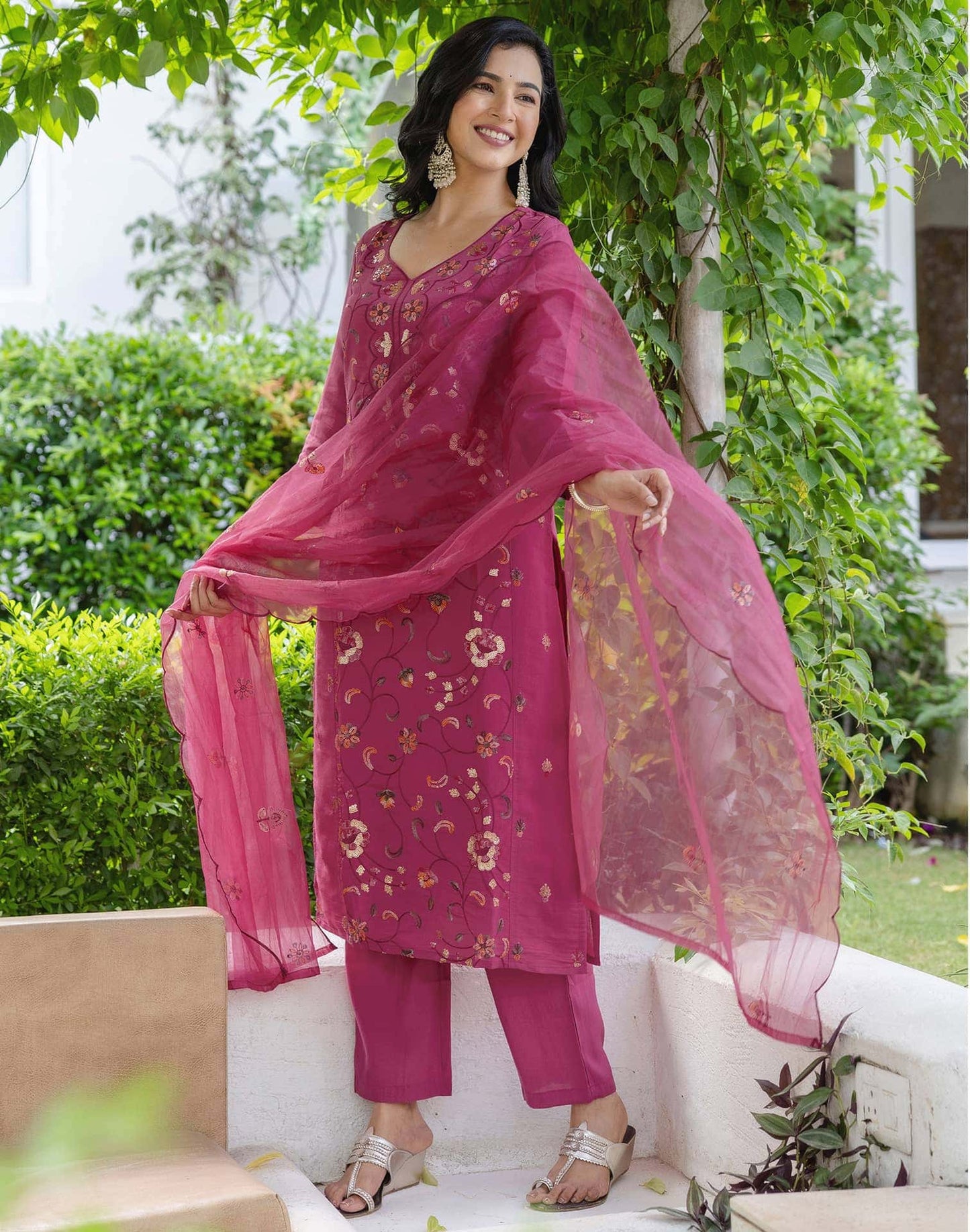 Silk Embroidered Straight Kurta with Pant & Dupatta