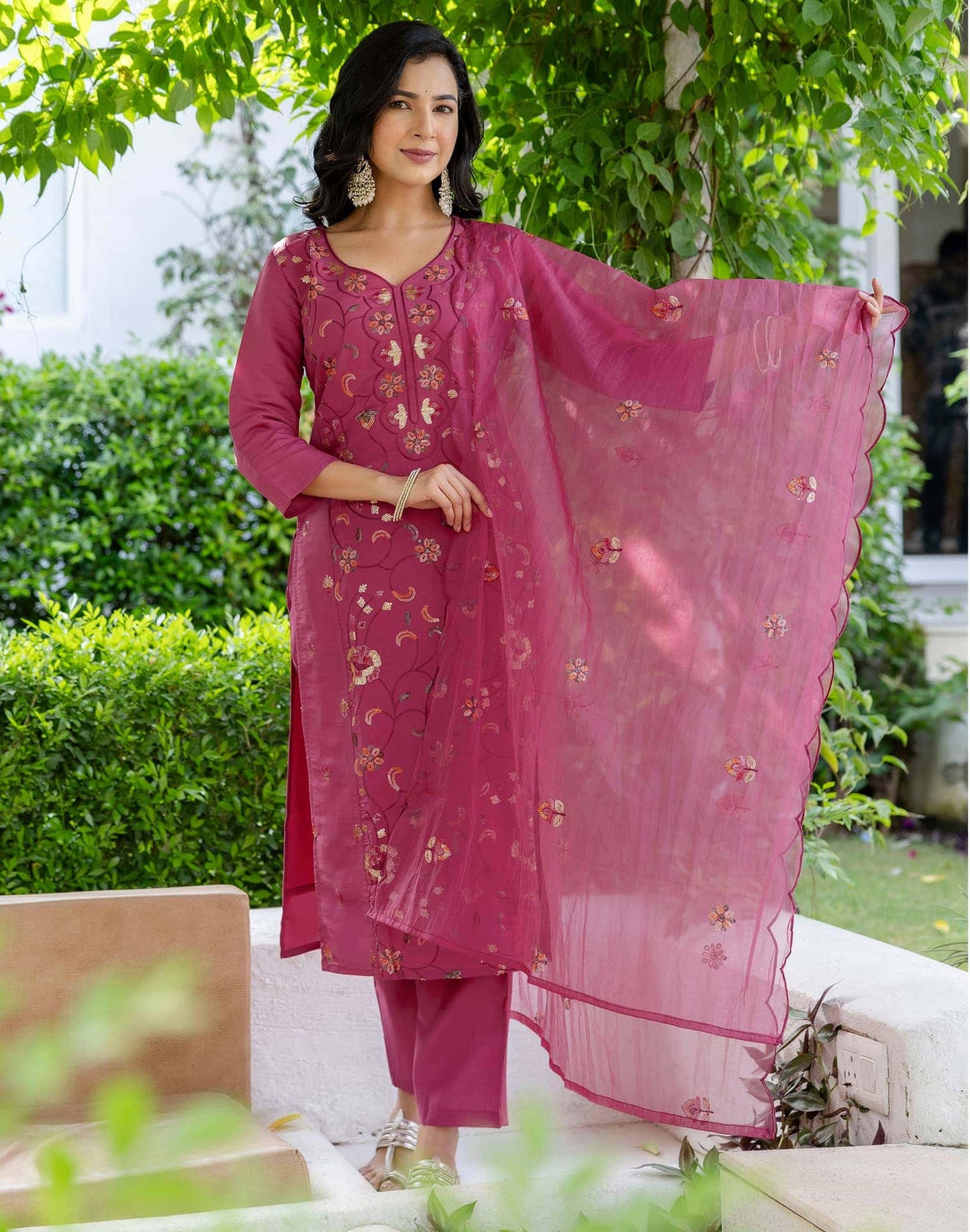 Silk Embroidered Straight Kurta with Pant & Dupatta