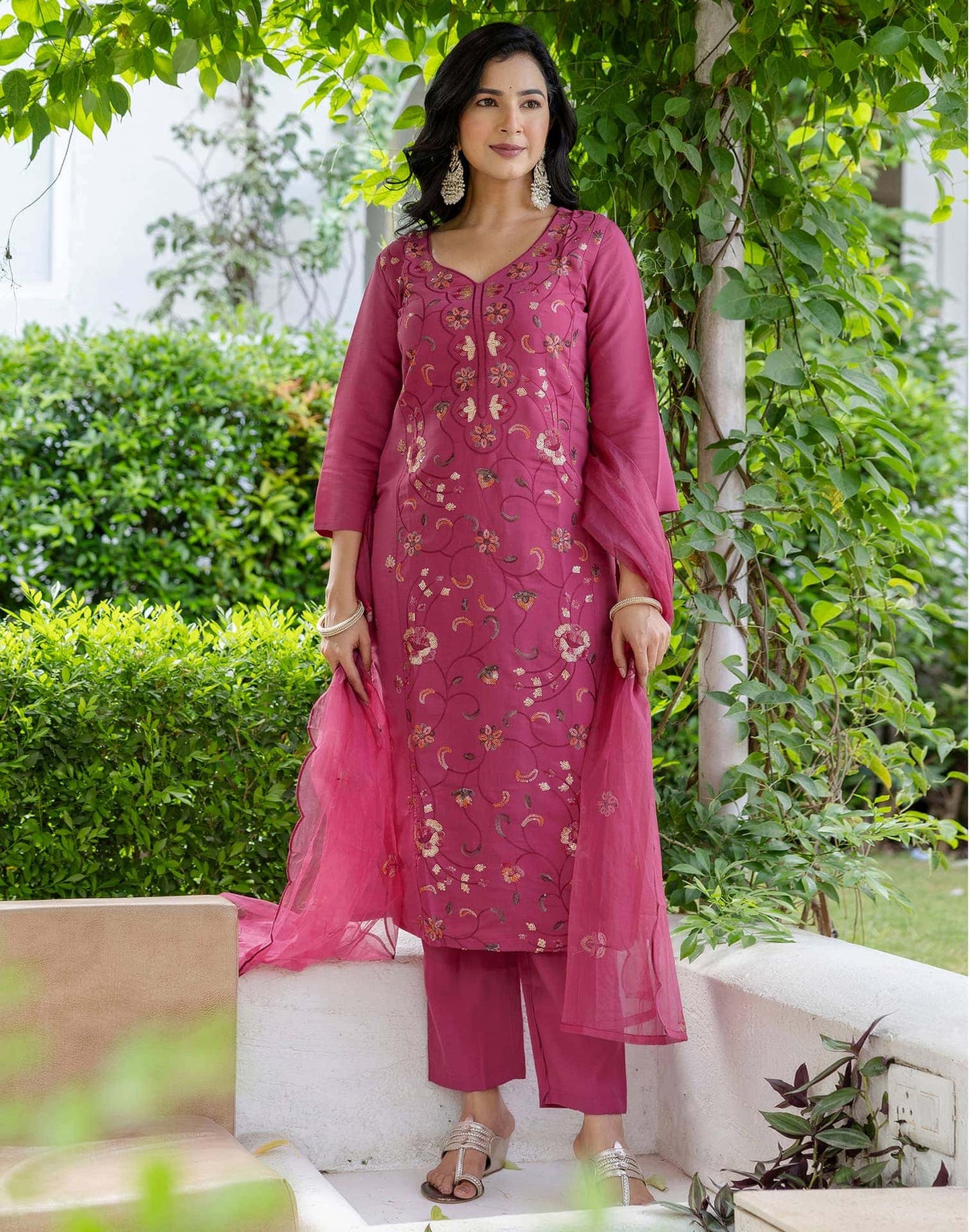 Silk Embroidered Straight Kurta with Pant & Dupatta