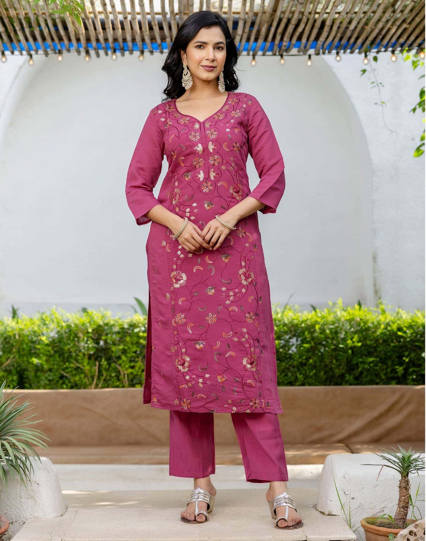 Silk Embroidered Straight Kurta with Pant & Dupatta