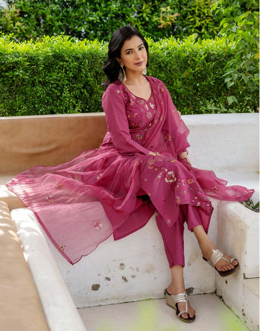 Silk Embroidered Straight Kurta with Pant & Dupatta