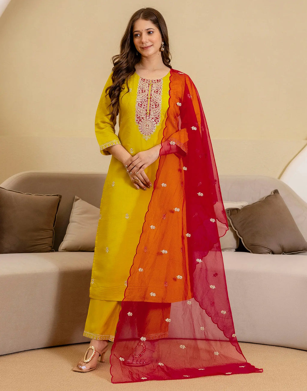 Silk Blend Embroidered Straight 3 Piece Kurta Set
