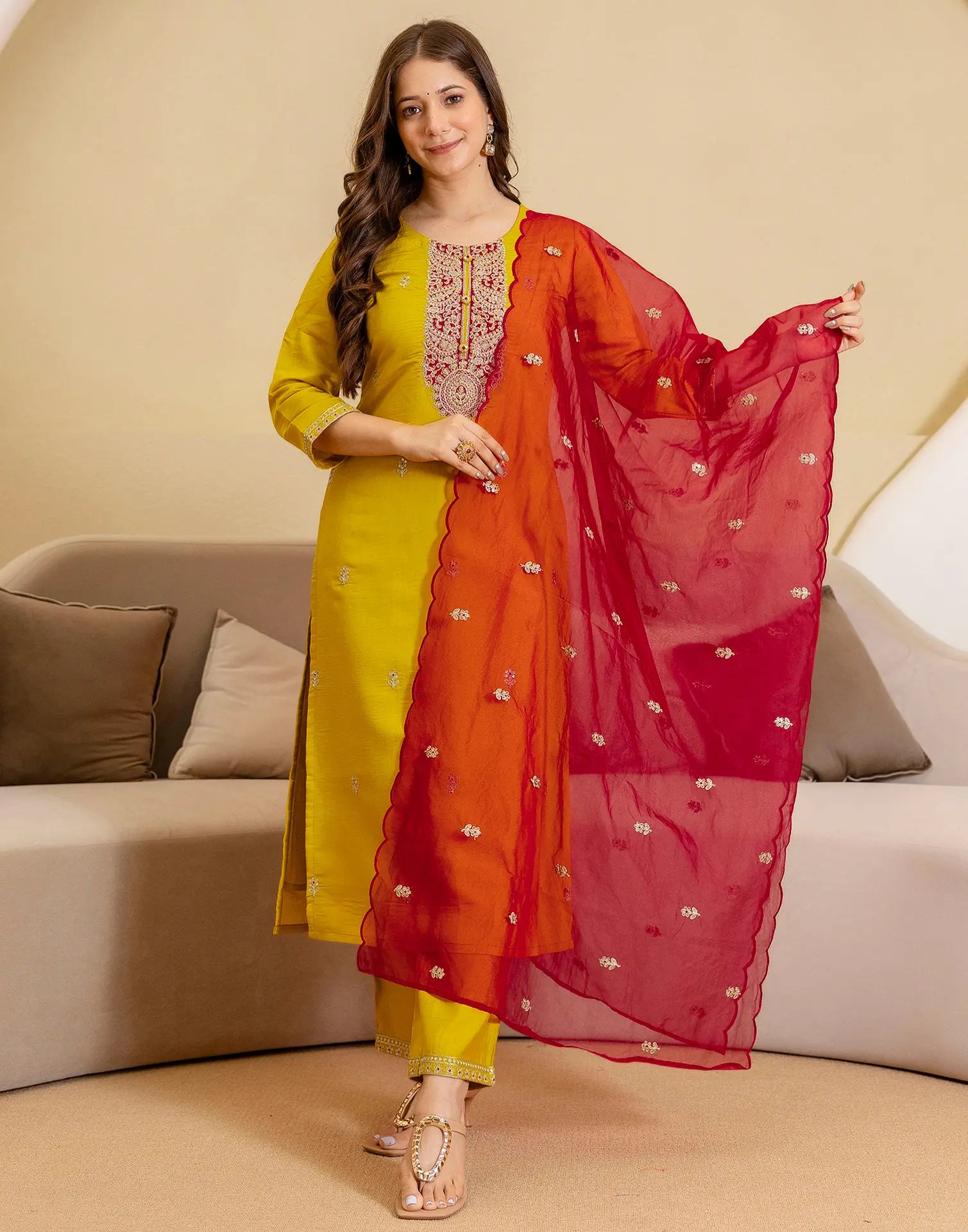 Silk Blend Embroidered Straight 3 Piece Kurta Set