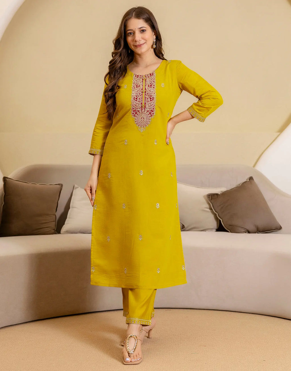 Silk Blend Embroidered Straight 3 Piece Kurta Set