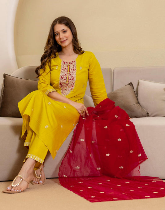 Silk Blend Embroidered Straight Kurta with Pant & Dupatta