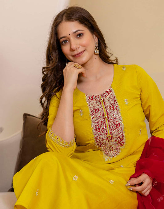 Silk Blend Embroidered Straight Kurta with Pant & Dupatta