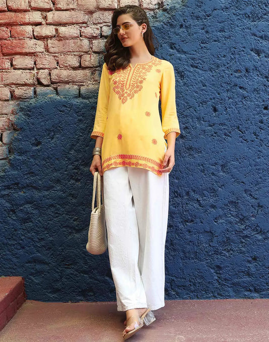 Rayon Chikankari Straight Round Neck Short Kurti