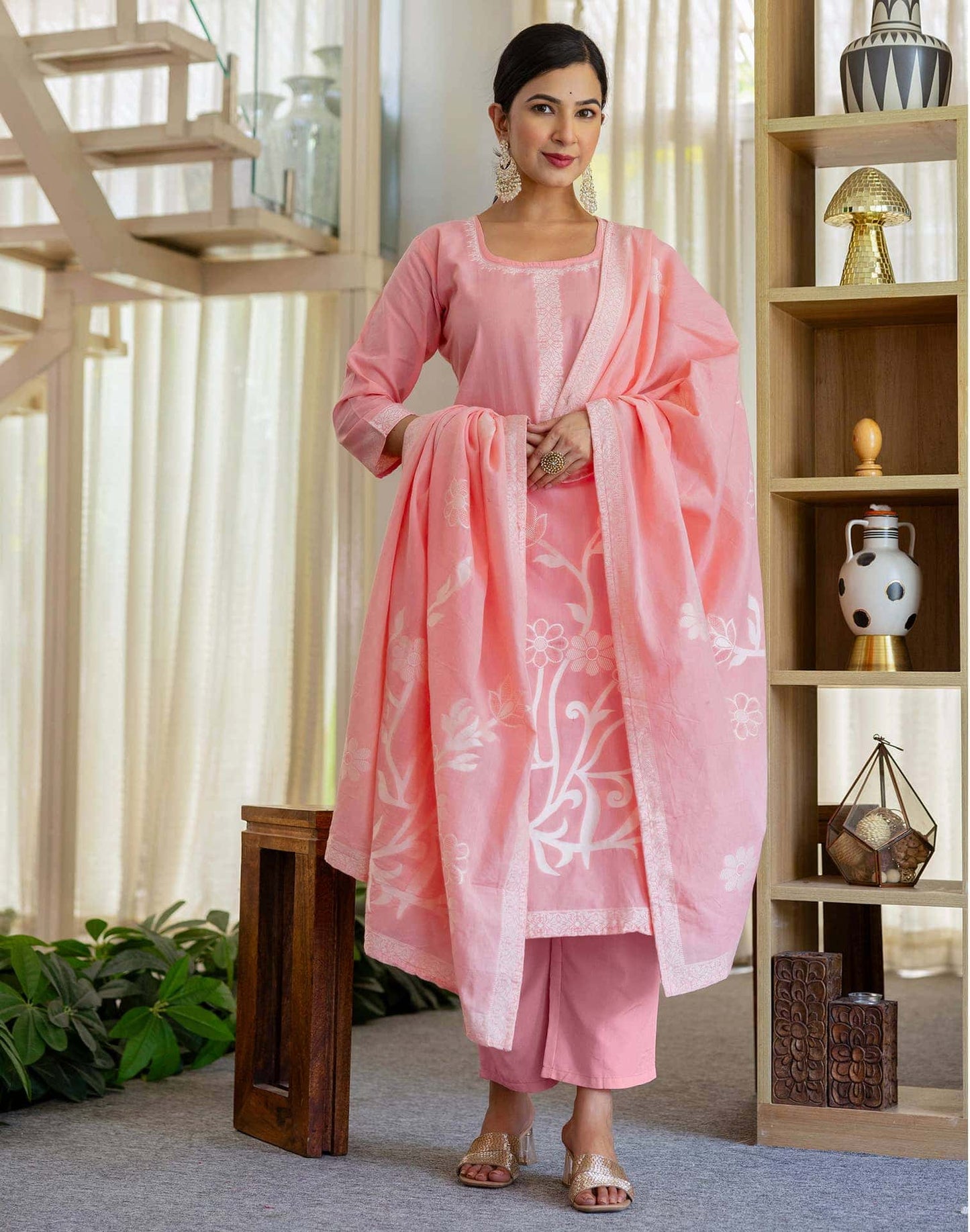 Cotton Weaving Straight Kurta with Pant & Dupatta