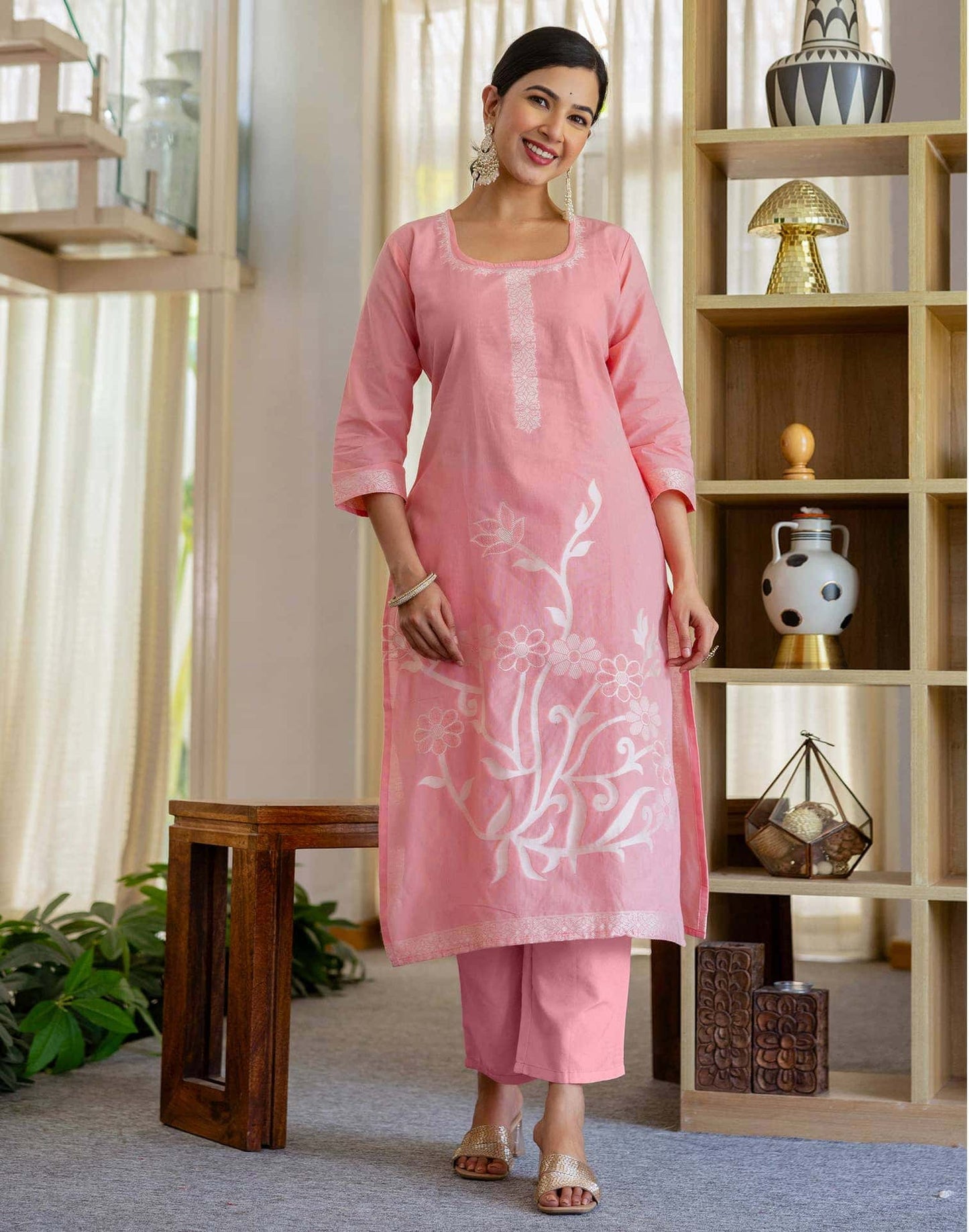 Cotton Weaving Straight Kurta with Pant & Dupatta