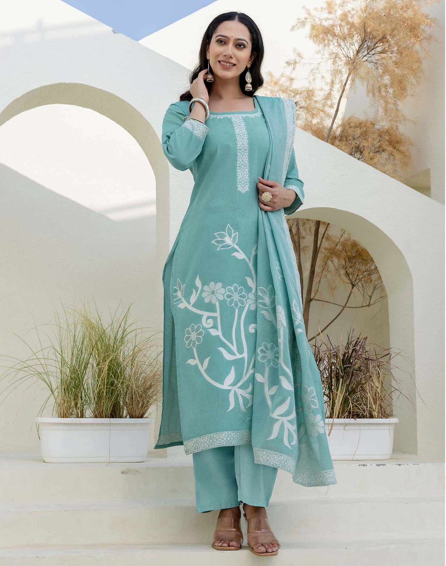Cotton Weaving Straight Kurta with Pant & Dupatta