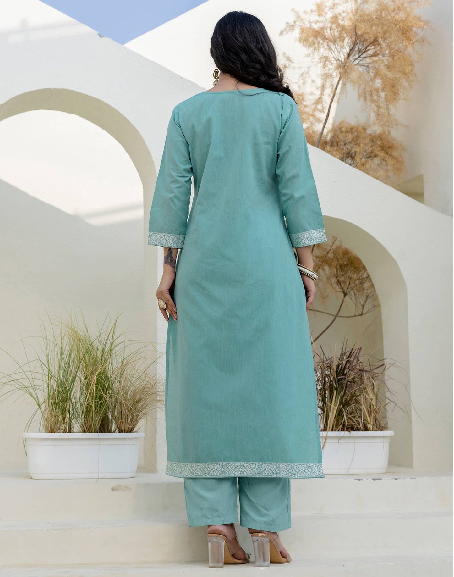Cotton Weaving Straight Kurta with Pant & Dupatta