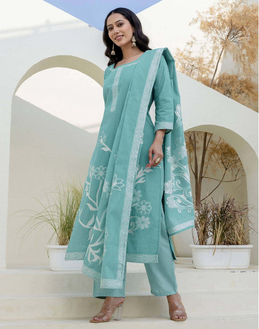Cotton Weaving Straight Kurta with Pant & Dupatta