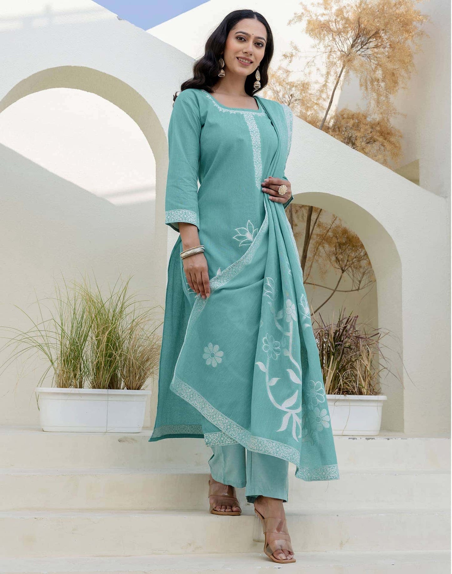 Cotton Weaving Straight Kurta with Pant & Dupatta