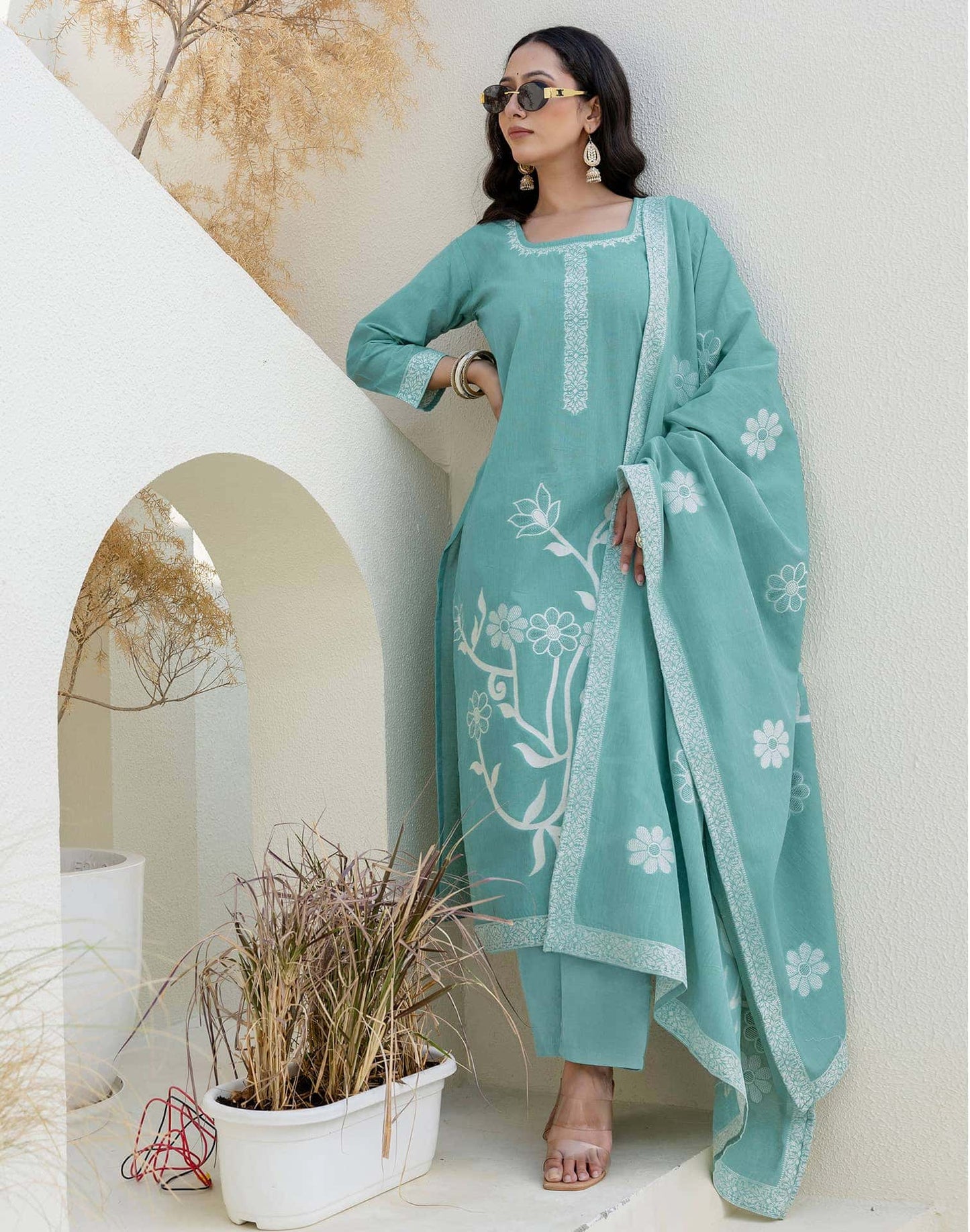 Cotton Weaving Straight Kurta with Pant & Dupatta