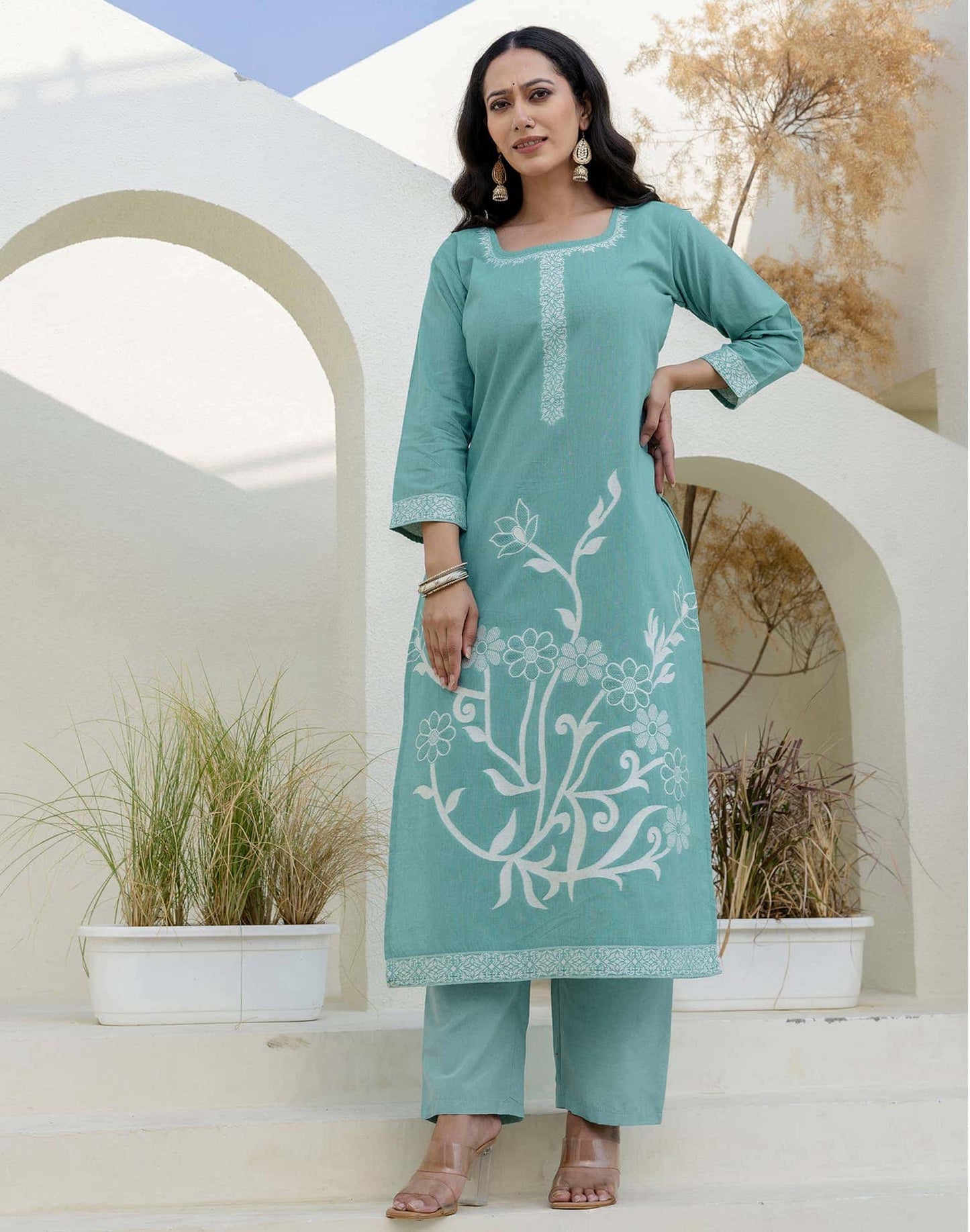 Cotton Weaving Straight Kurta with Pant & Dupatta
