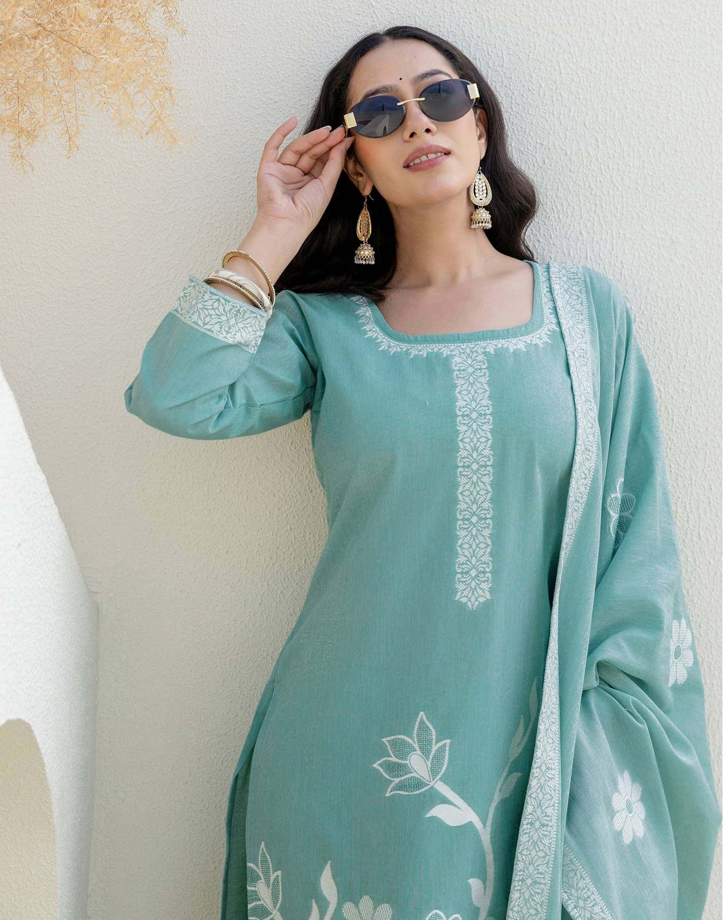 Cotton Weaving Straight Kurta with Pant & Dupatta