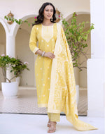 Cotton Weaving Straight Kurta with Pant & Dupatta