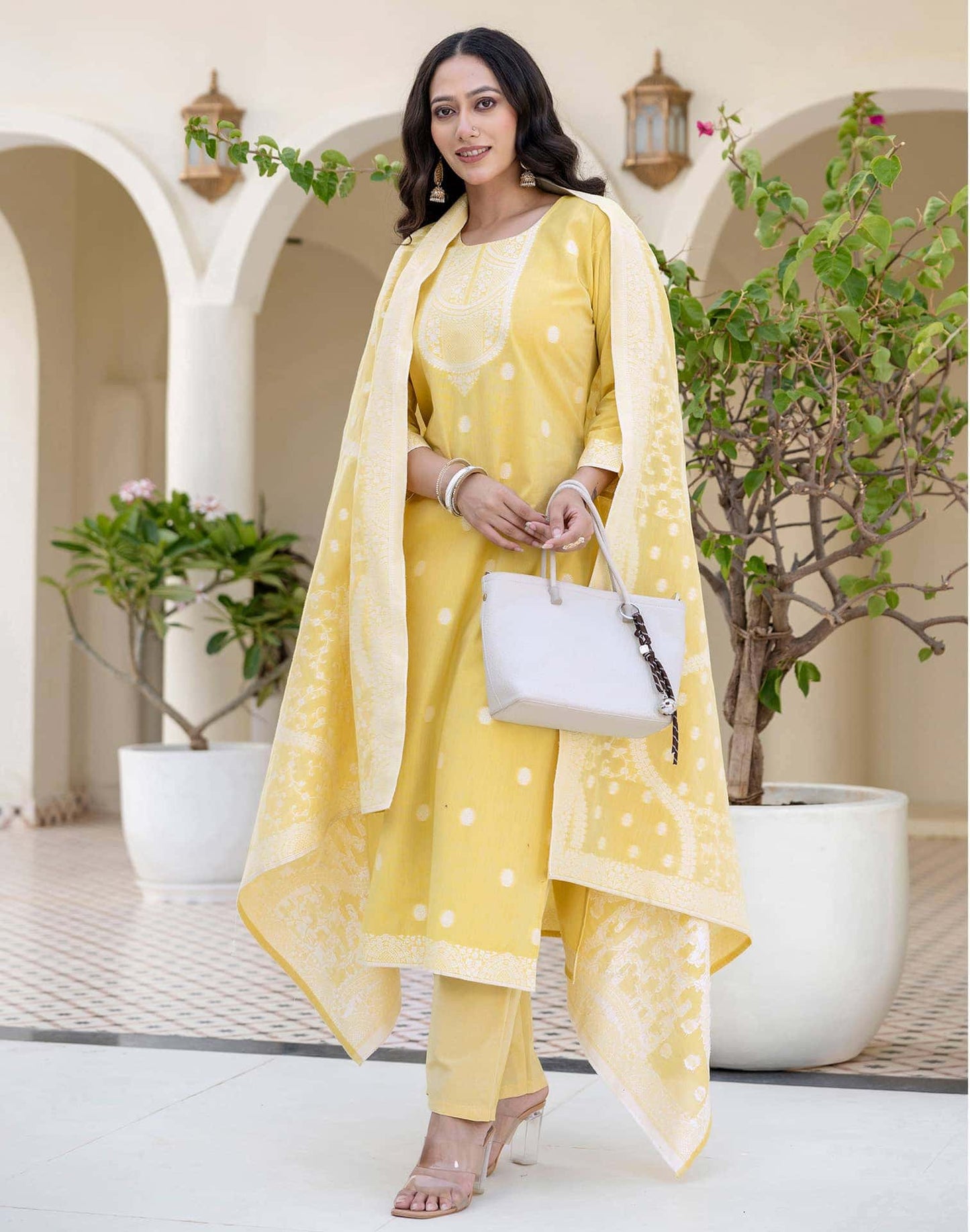 Cotton Weaving Straight Kurta with Pant & Dupatta