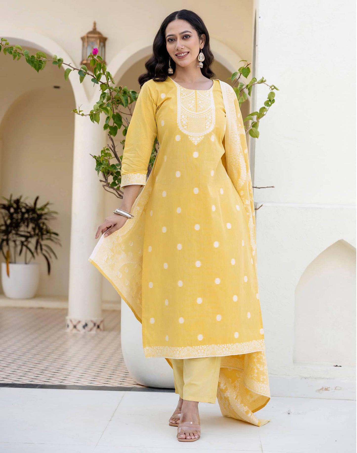 Cotton Weaving Straight Kurta with Pant & Dupatta