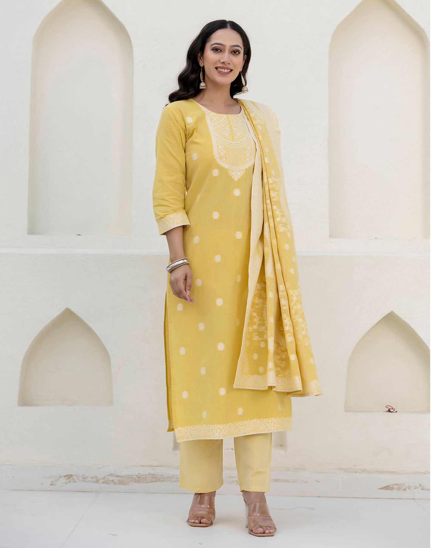 Cotton Weaving Straight Kurta with Pant & Dupatta