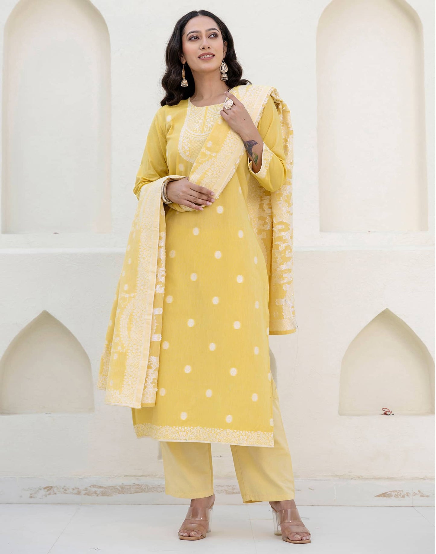 Cotton Weaving Straight Kurta with Pant & Dupatta