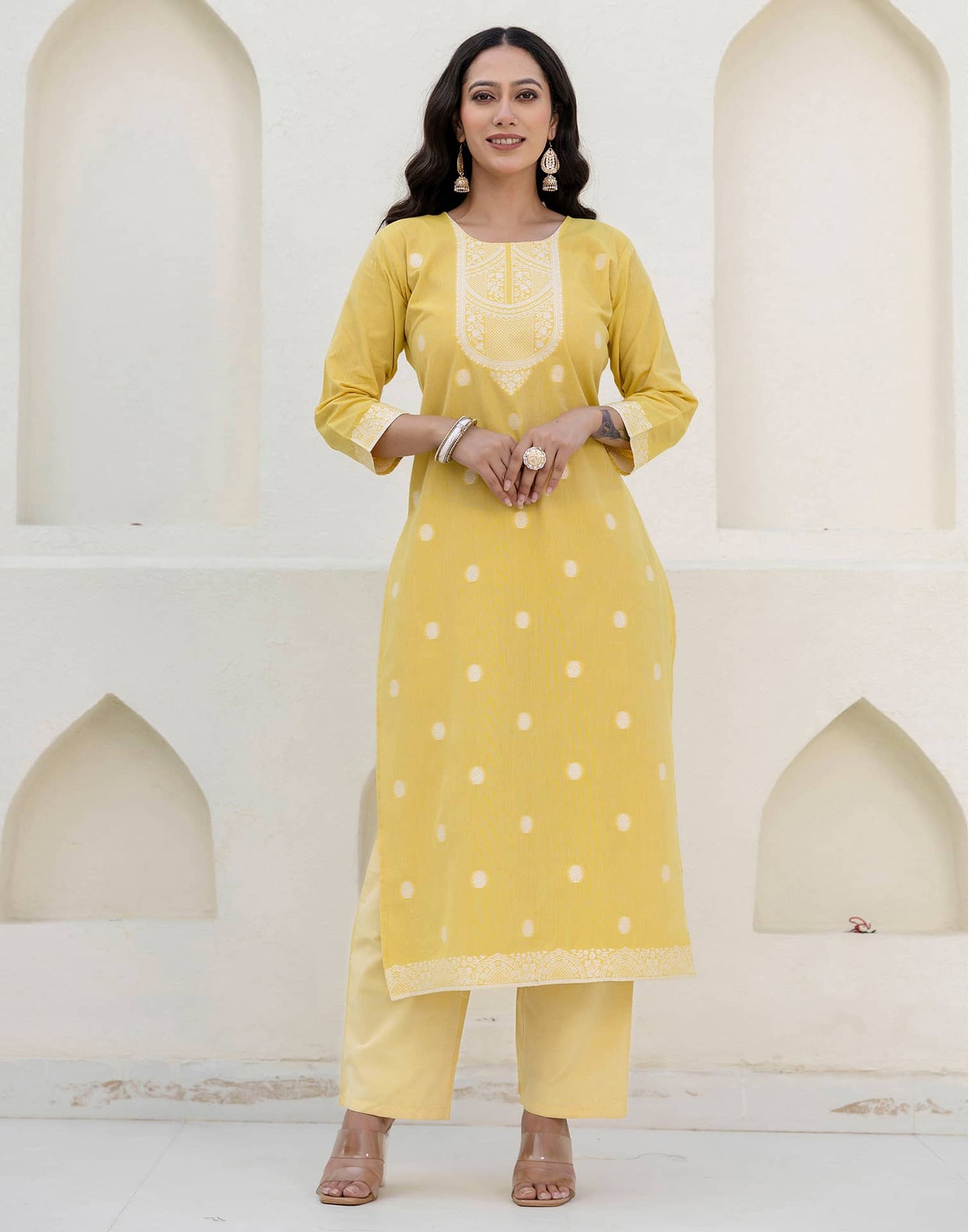 Cotton Weaving Straight Kurta with Pant & Dupatta