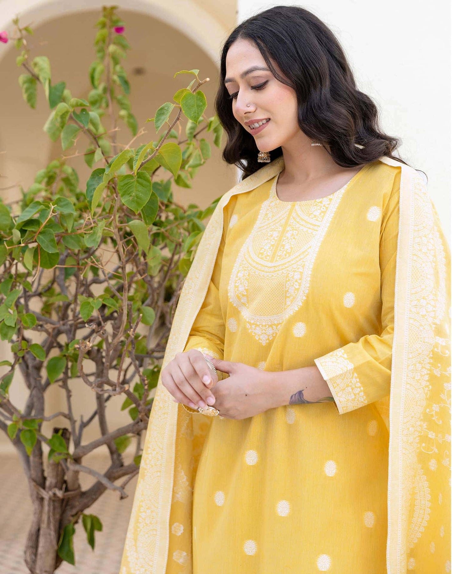 Cotton Weaving Straight Kurta with Pant & Dupatta