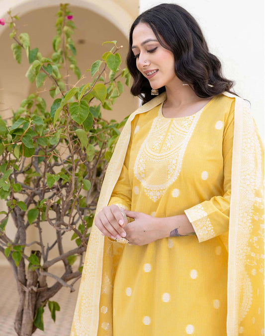 Cotton Weaving Straight Kurta with Pant & Dupatta