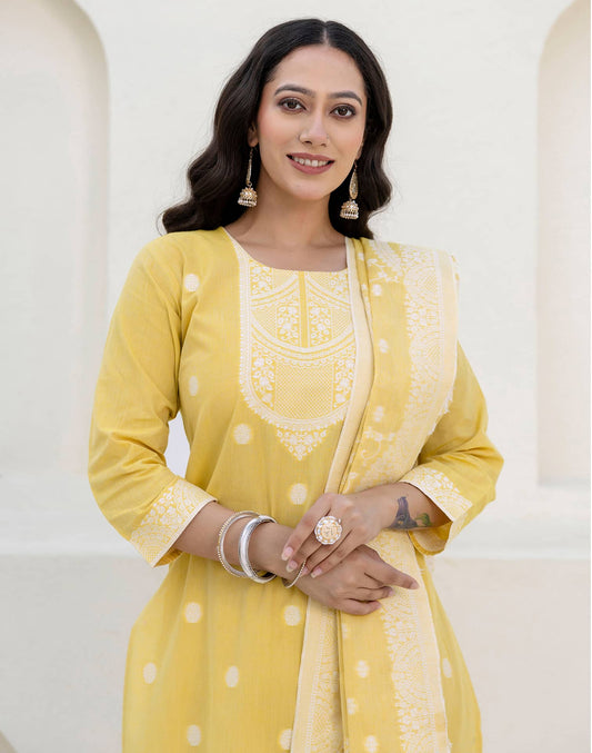 Cotton Weaving Straight Kurta with Pant & Dupatta