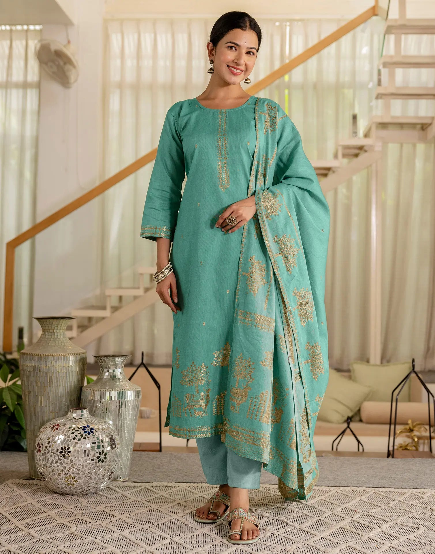 Cotton Woven Woven Straight 3 Piece Kurta Set