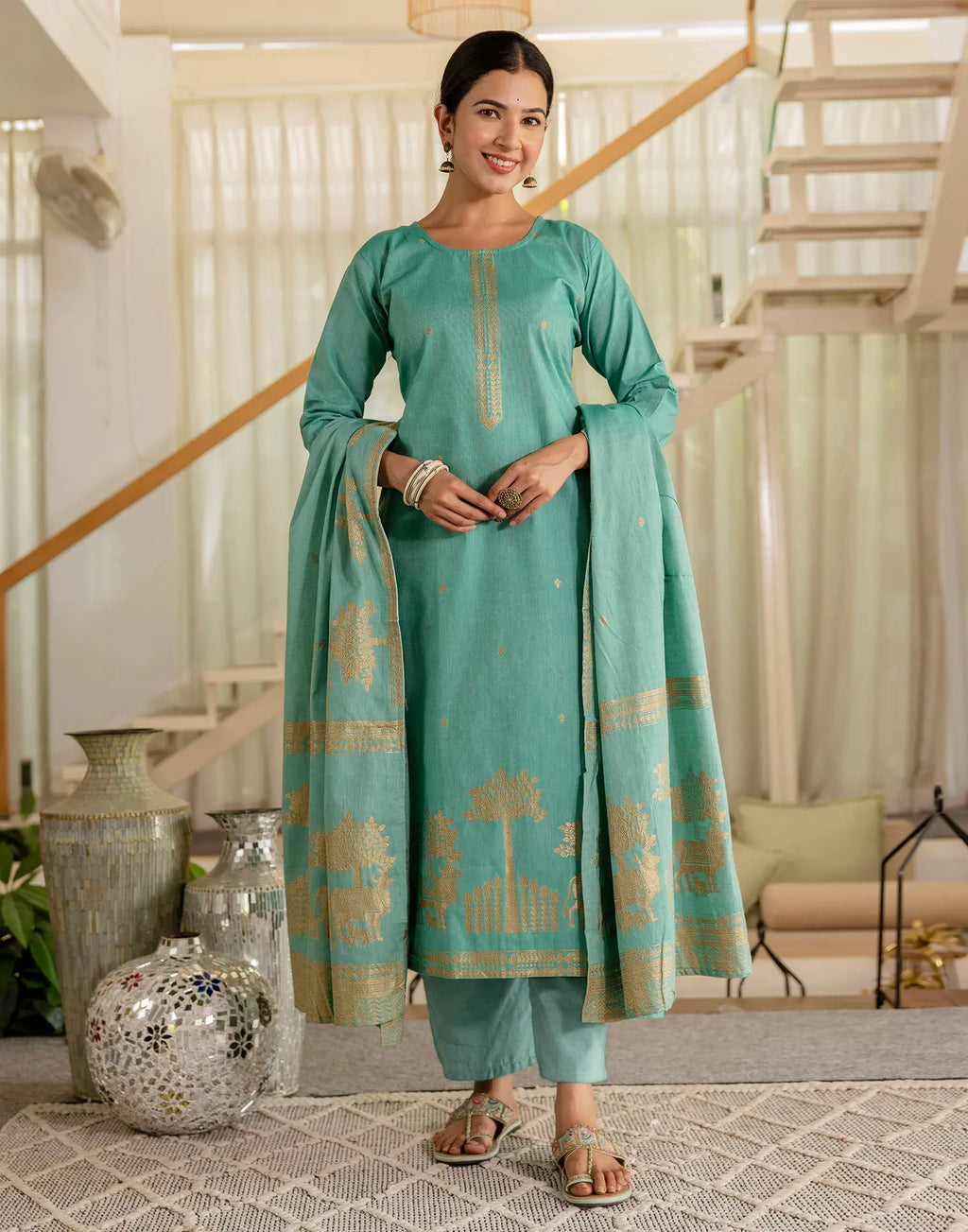 Cotton Woven Woven Straight 3 Piece Kurta Set