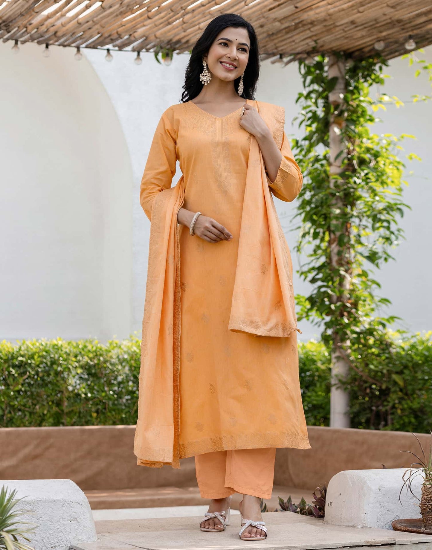 Cotton Straight Woven Design V-Neck Kurta with Pant & Dupatta