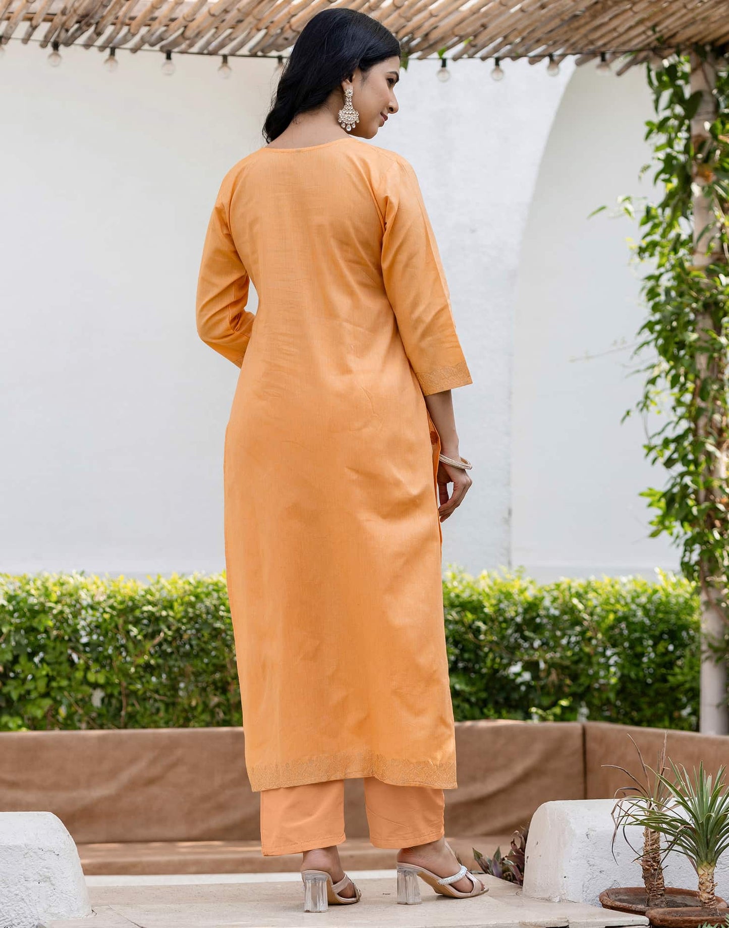 Cotton Straight Woven Design V-Neck Kurta with Pant & Dupatta
