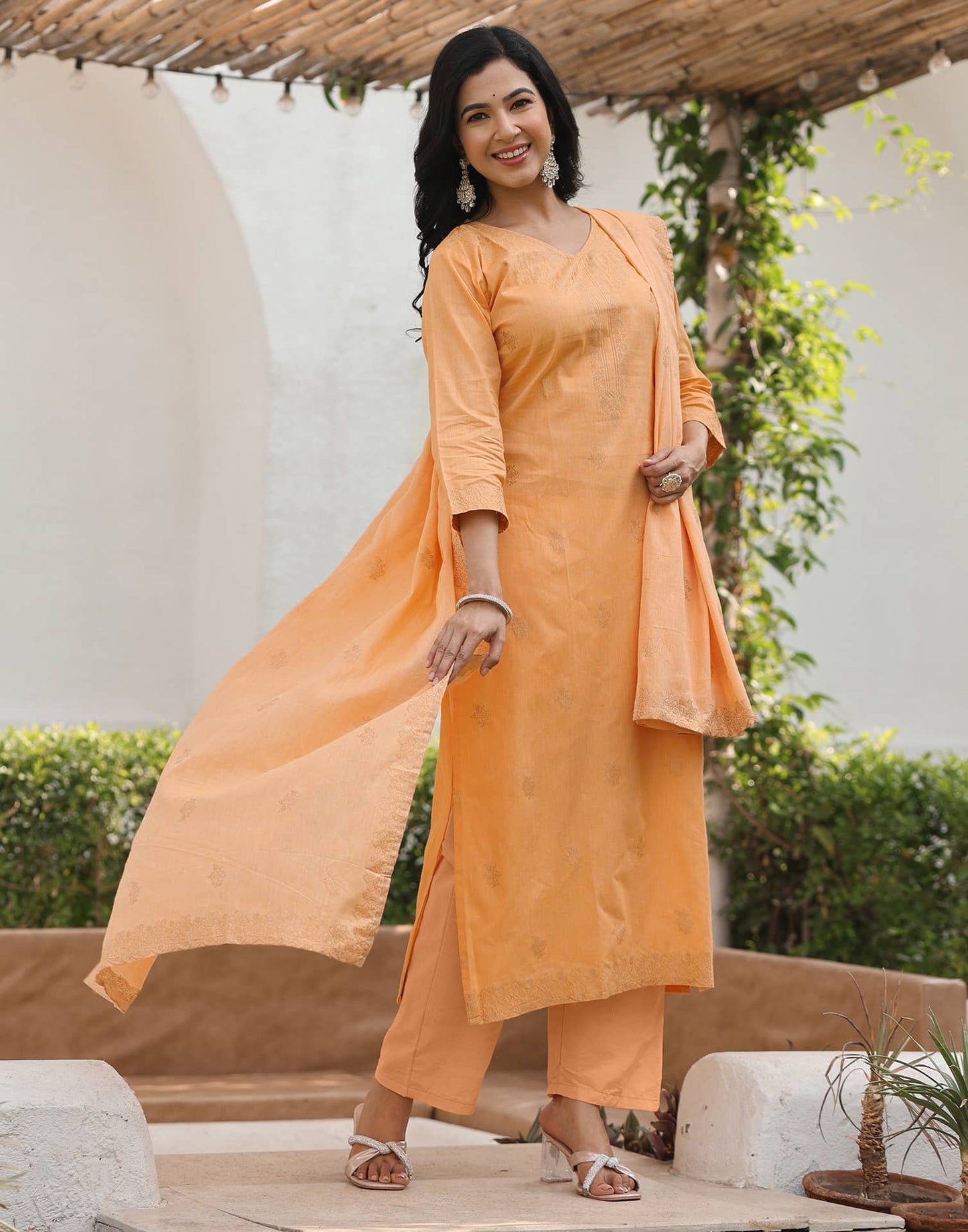 Cotton Straight Woven Design V-Neck Kurta with Pant & Dupatta