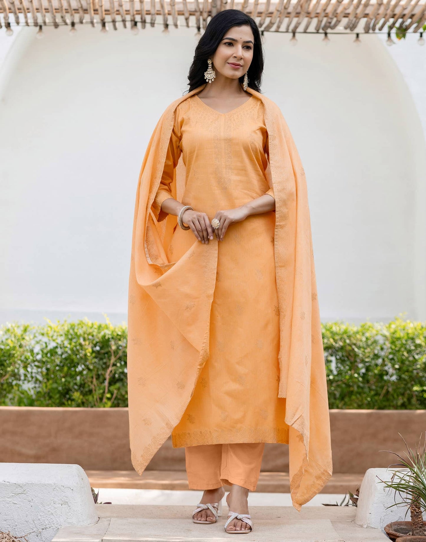 Cotton Straight Woven Design V-Neck Kurta with Pant & Dupatta