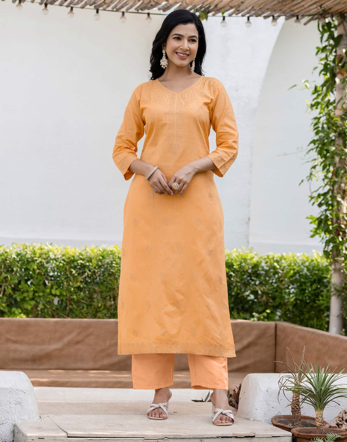 Cotton Straight Woven Design V-Neck Kurta with Pant & Dupatta