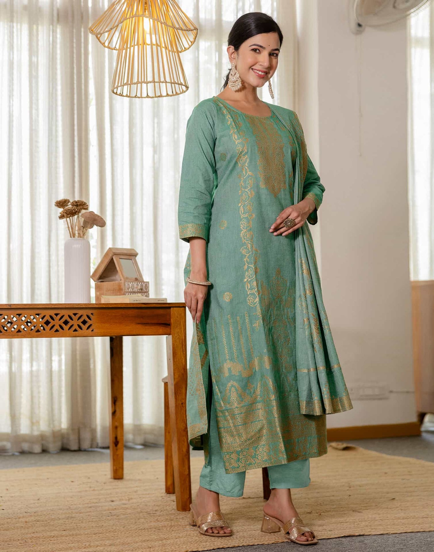 Cotton Woven Design Straight Kurta with Pant & Dupatta