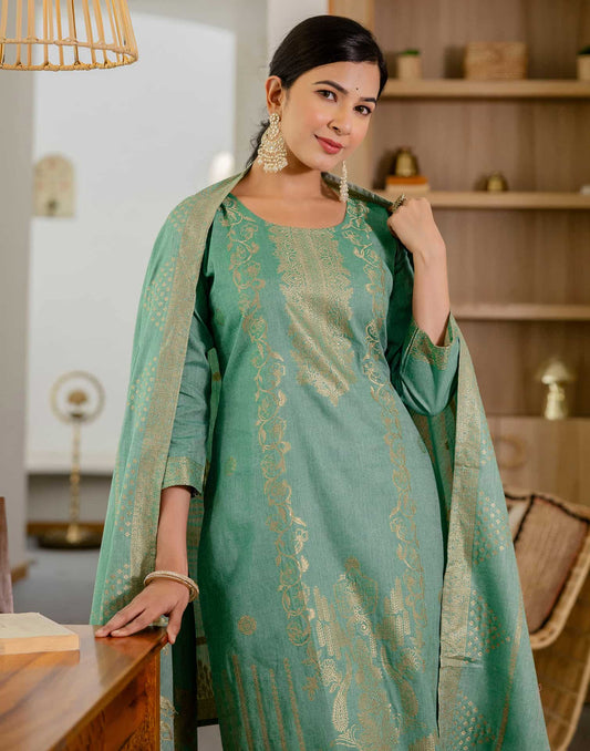 Cotton Woven Design Straight Kurta with Pant & Dupatta