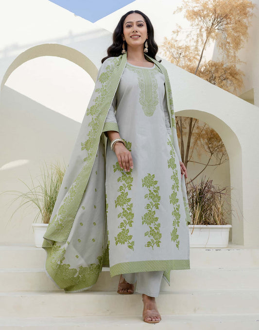 Cotton Woven Design Straight Kurta with Pant & Dupatta