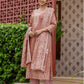 Dark Peach Silk Weaving Round Neck 3/4 Sleeve Straight Kurta Set With Pant & Dupatta
