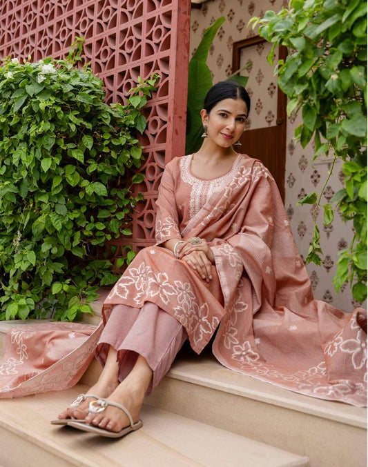 Dark Peach Silk Weaving Round Neck 3/4 Sleeve Straight Kurta Set With Pant & Dupatta