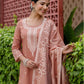 Dark Peach Silk Weaving Round Neck 3/4 Sleeve Straight Kurta Set With Pant & Dupatta