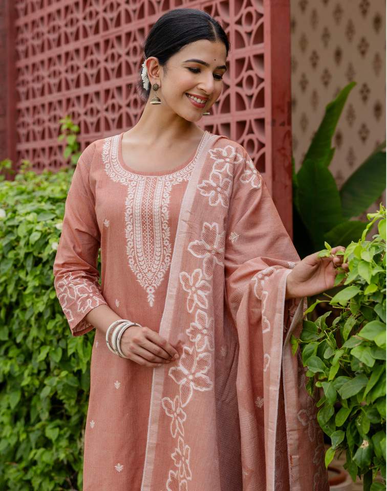 Dark Peach Silk Weaving Round Neck 3/4 Sleeve Straight Kurta Set With Pant & Dupatta