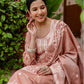 Dark Peach Silk Weaving Round Neck 3/4 Sleeve Straight Kurta Set With Pant & Dupatta