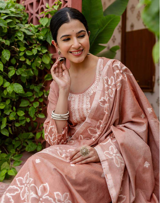 Dark Peach Silk Weaving Round Neck 3/4 Sleeve Straight Kurta Set With Pant & Dupatta